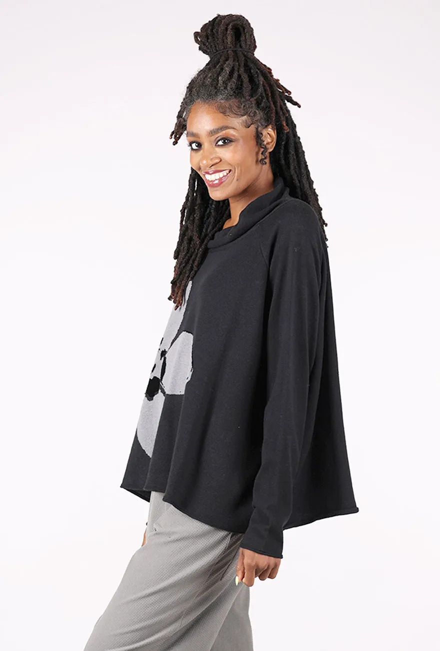 9/10 Sleeve Flower Pop Swing Funnel Pullover, Black Jacquard