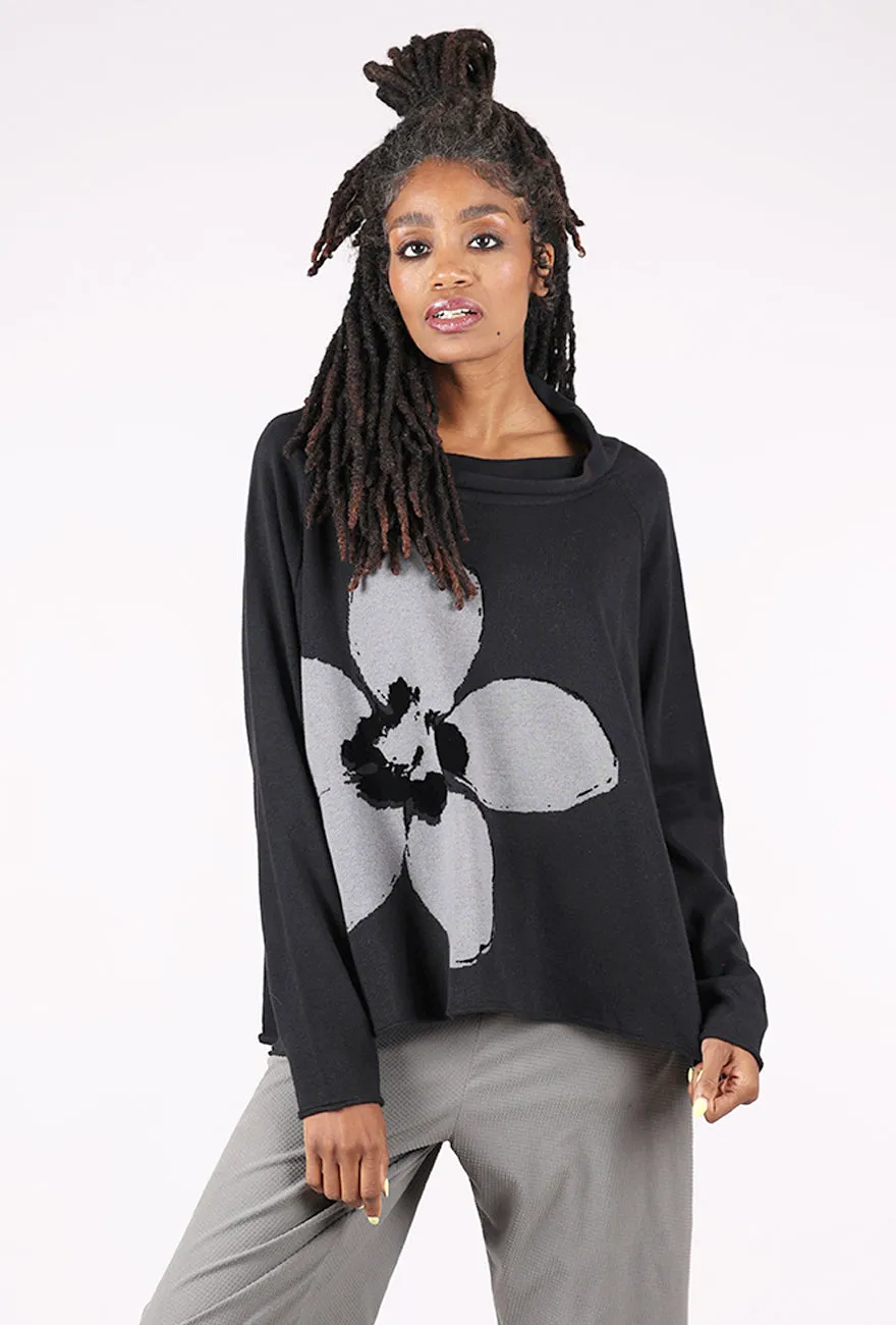 Comfort-focused sweater Flower Pop Swing Funnel Pullover, Black Jacquard