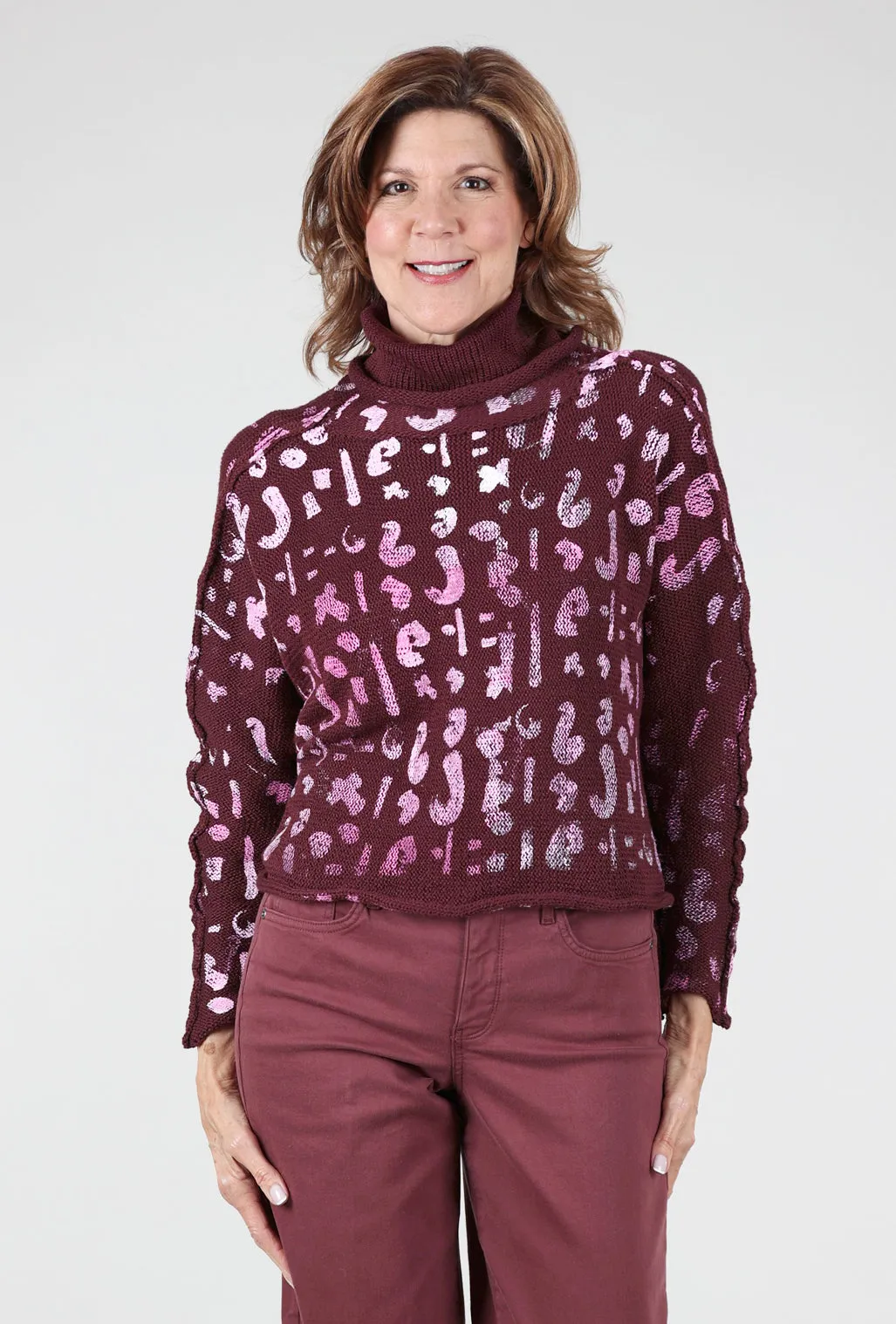 Abby Tiny Cowl Pullover, Burgundy/Pink Cozy textured sweater