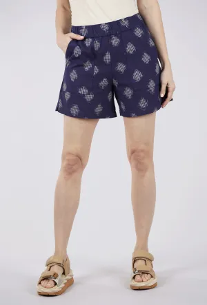 Petra Day Shorts, Dot Indigo Minimalist Trim Detail Focus