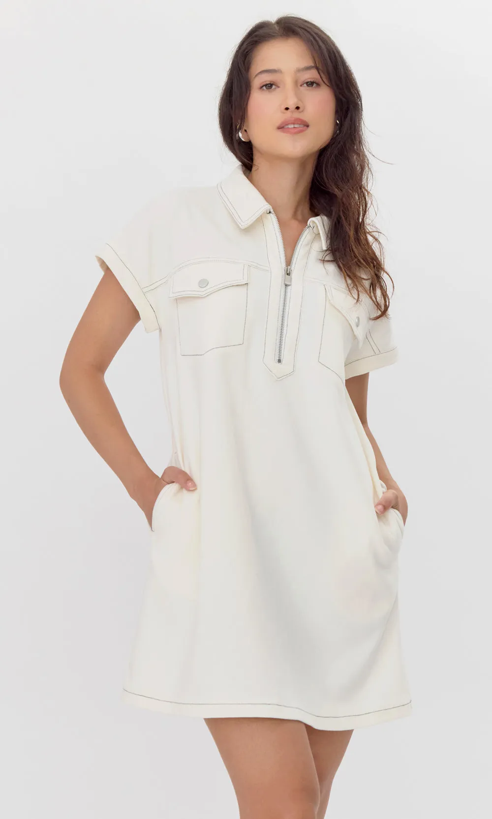 Aida Front Zip Stretch Twill Mini Dress festival look