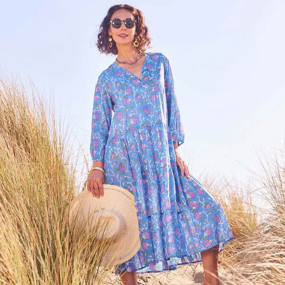 Ainsley Blue Long Tiered Cotton Dress skin friendly