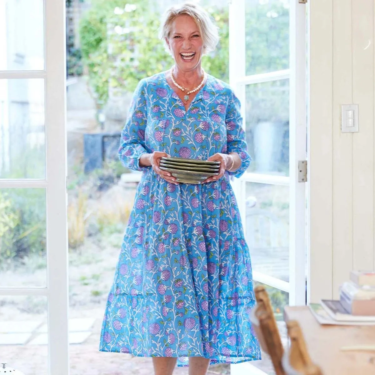 Ainsley Blue Long Tiered Cotton Dress Water Resistant