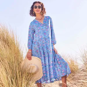 Ainsley Blue Long Tiered Cotton Dress skin friendly