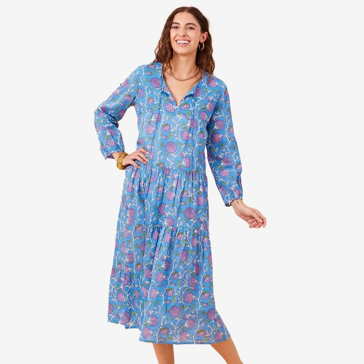 Ainsley Blue Long Tiered Cotton Dress Water Resistant