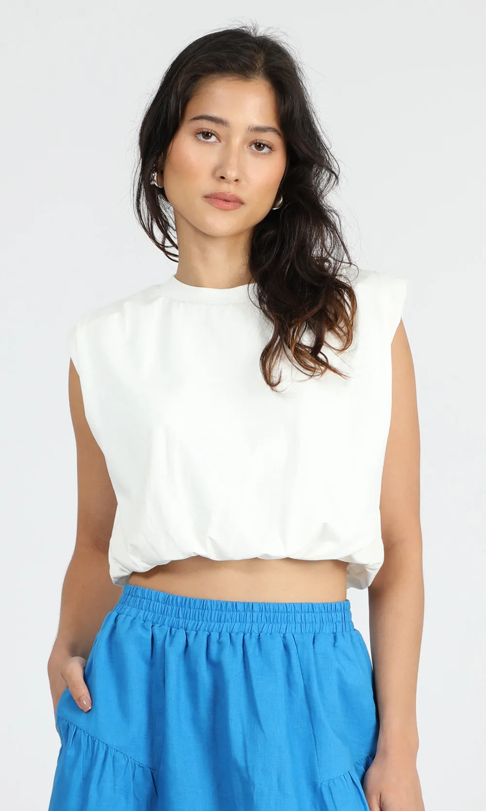 Alisa Padded Shoulder Jersey Bubble Top Bright Hues