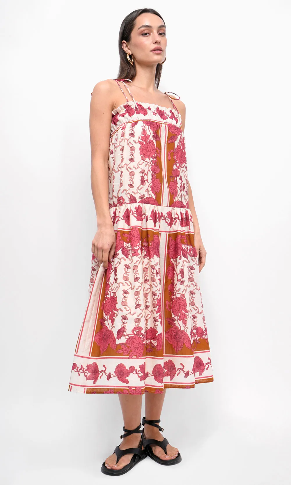 Alisha Trapeze Strappy Midi Dress Ethnic pattern