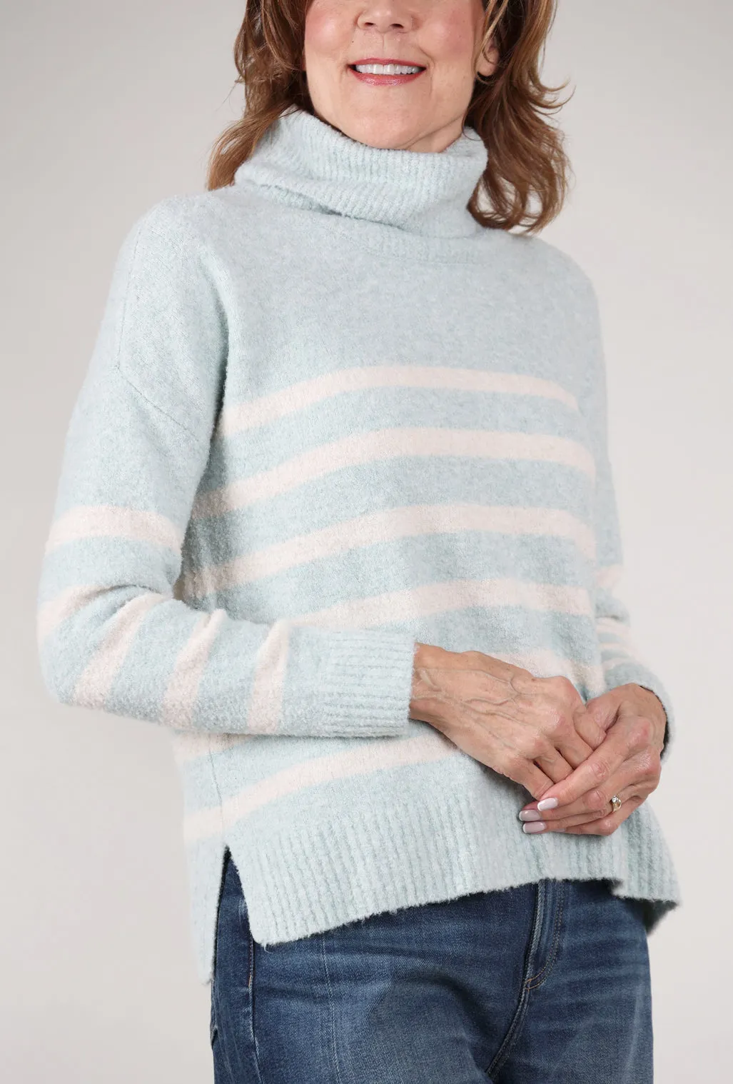 Applique Embroidery Lofted Stripe Tneck Sweater, Frost