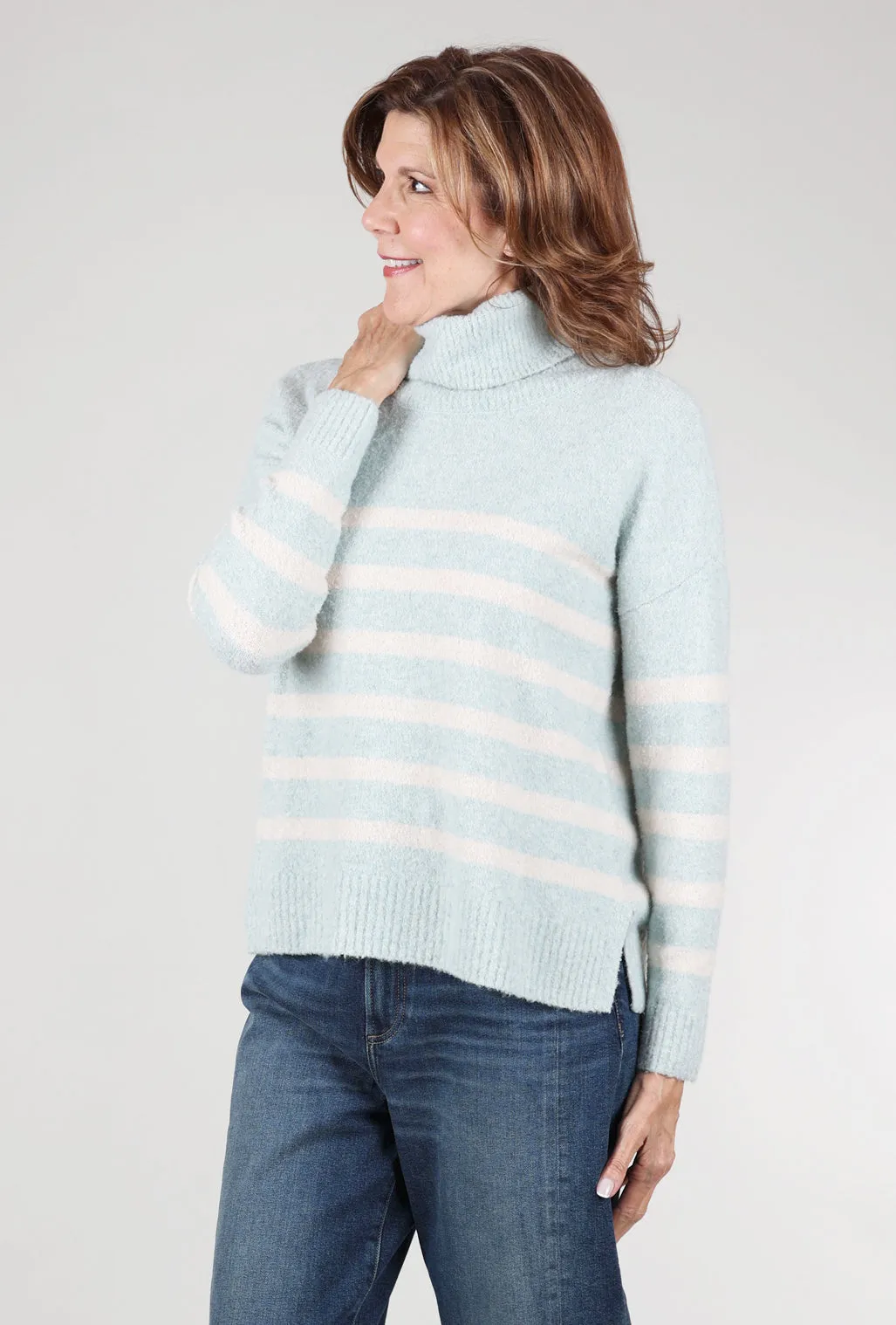 Applique Embroidery Lofted Stripe Tneck Sweater, Frost