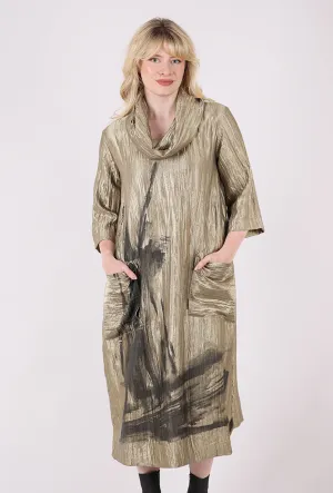Mixed Fabric Applique-Detail Artful Shimmer Dress, Golden