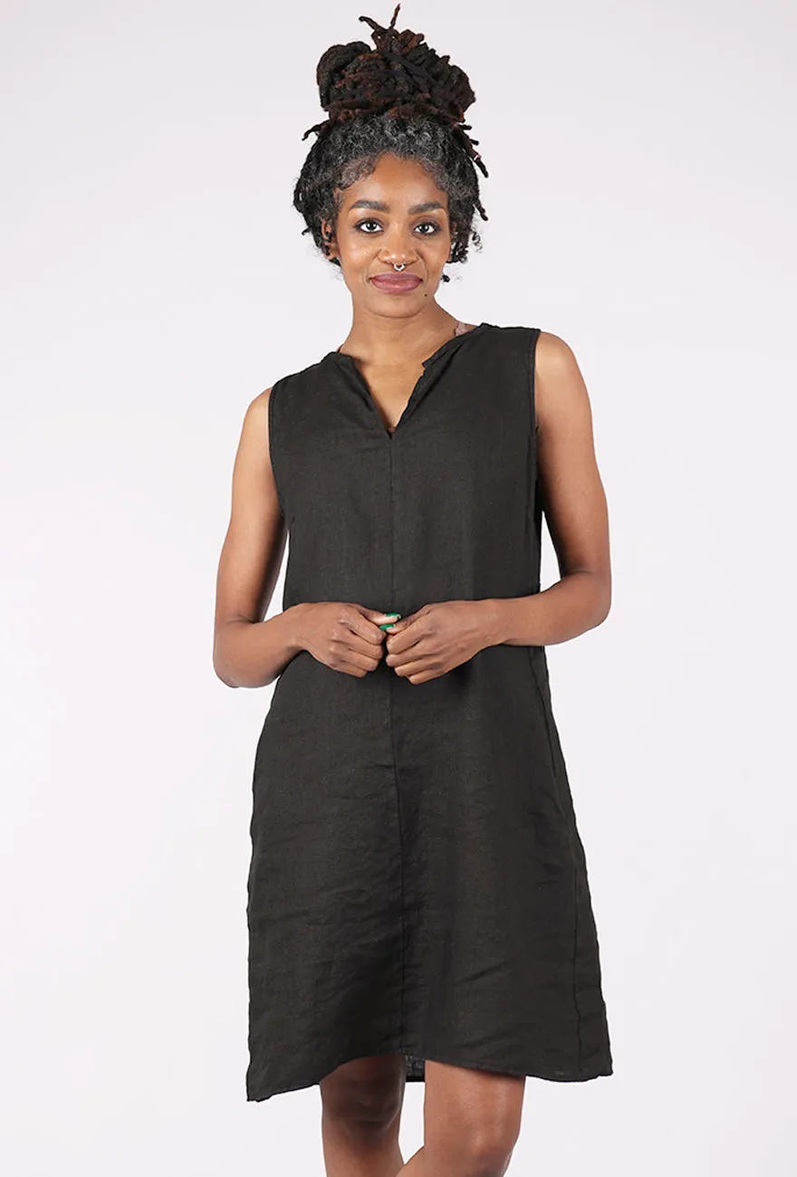 Autumn Look Split-Neck Linen Dress, Black