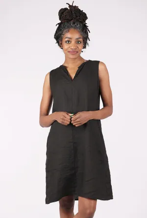 Split-Neck Linen Dress, Black Art-Gallery
