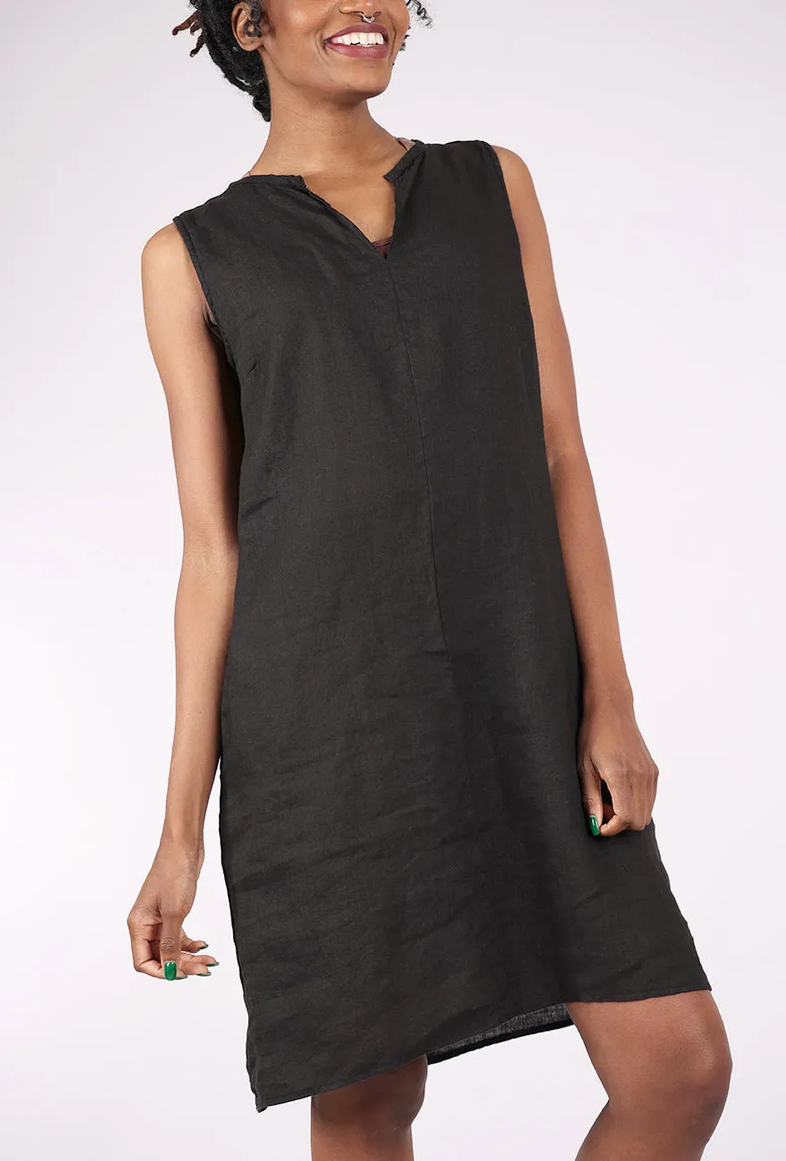 Autumn Look Split-Neck Linen Dress, Black