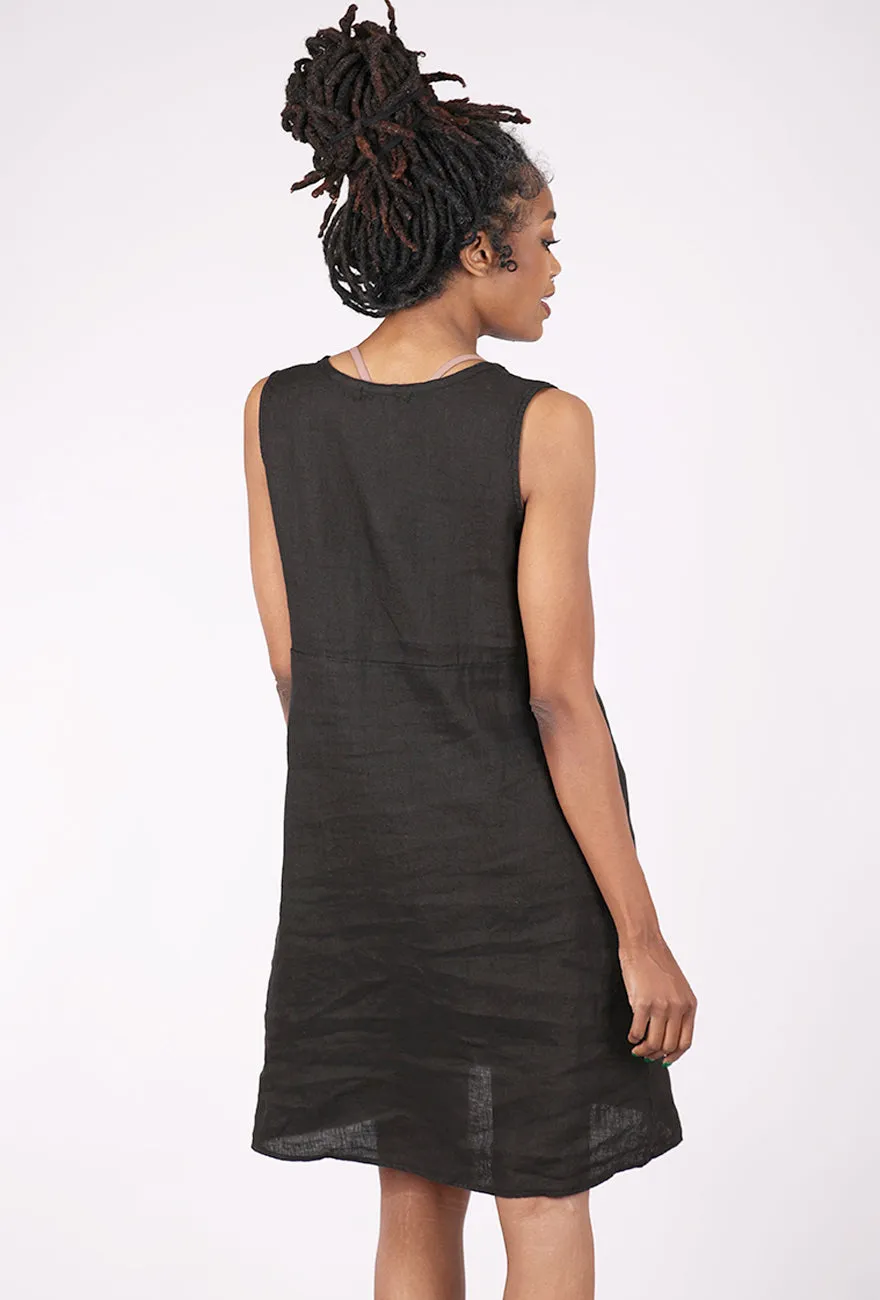 Autumn Look Split-Neck Linen Dress, Black