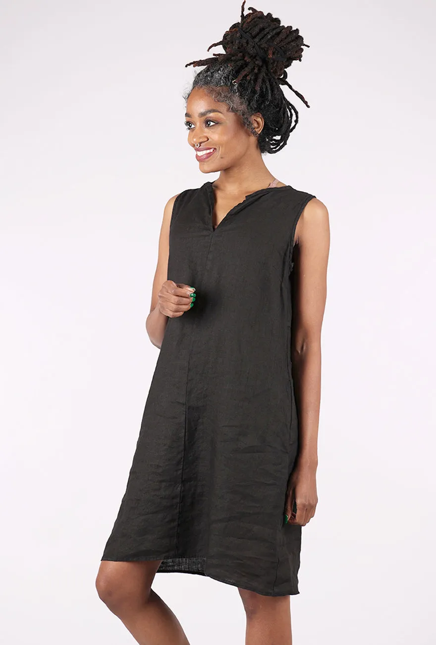 Autumn Look Split-Neck Linen Dress, Black