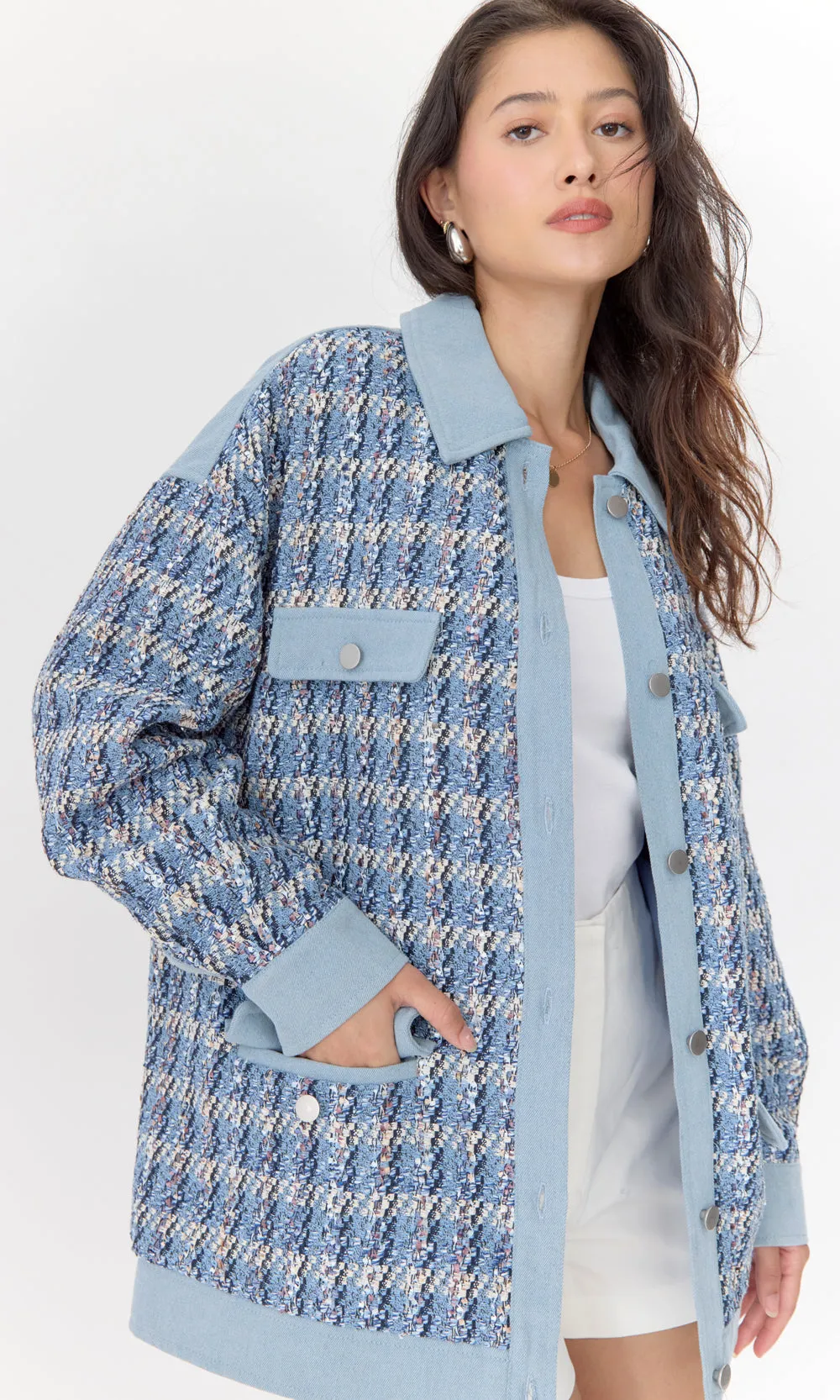 Bailey Mixed Media Tweed/Denim Oversized Jacket Motion Comfort Tech