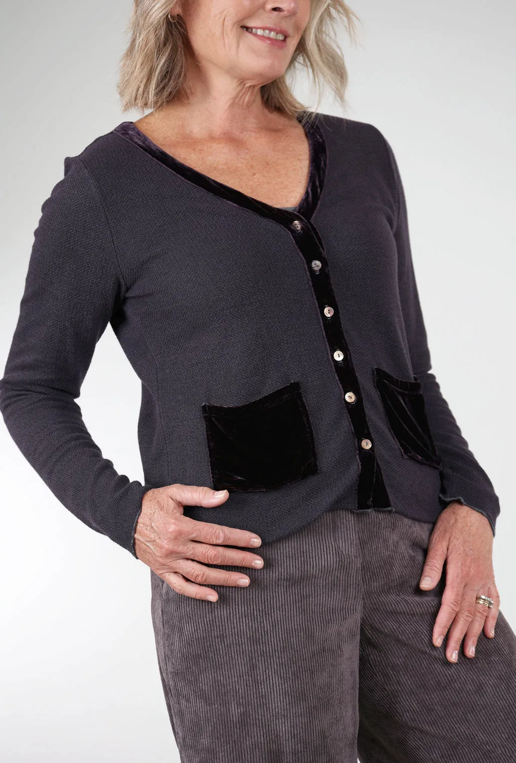 Bamboo Fiber Marble Knit Velvet Pocket Sweater, Anthracite