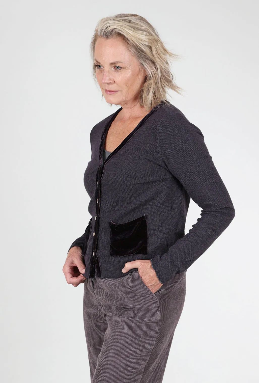 Bamboo Fiber Marble Knit Velvet Pocket Sweater, Anthracite