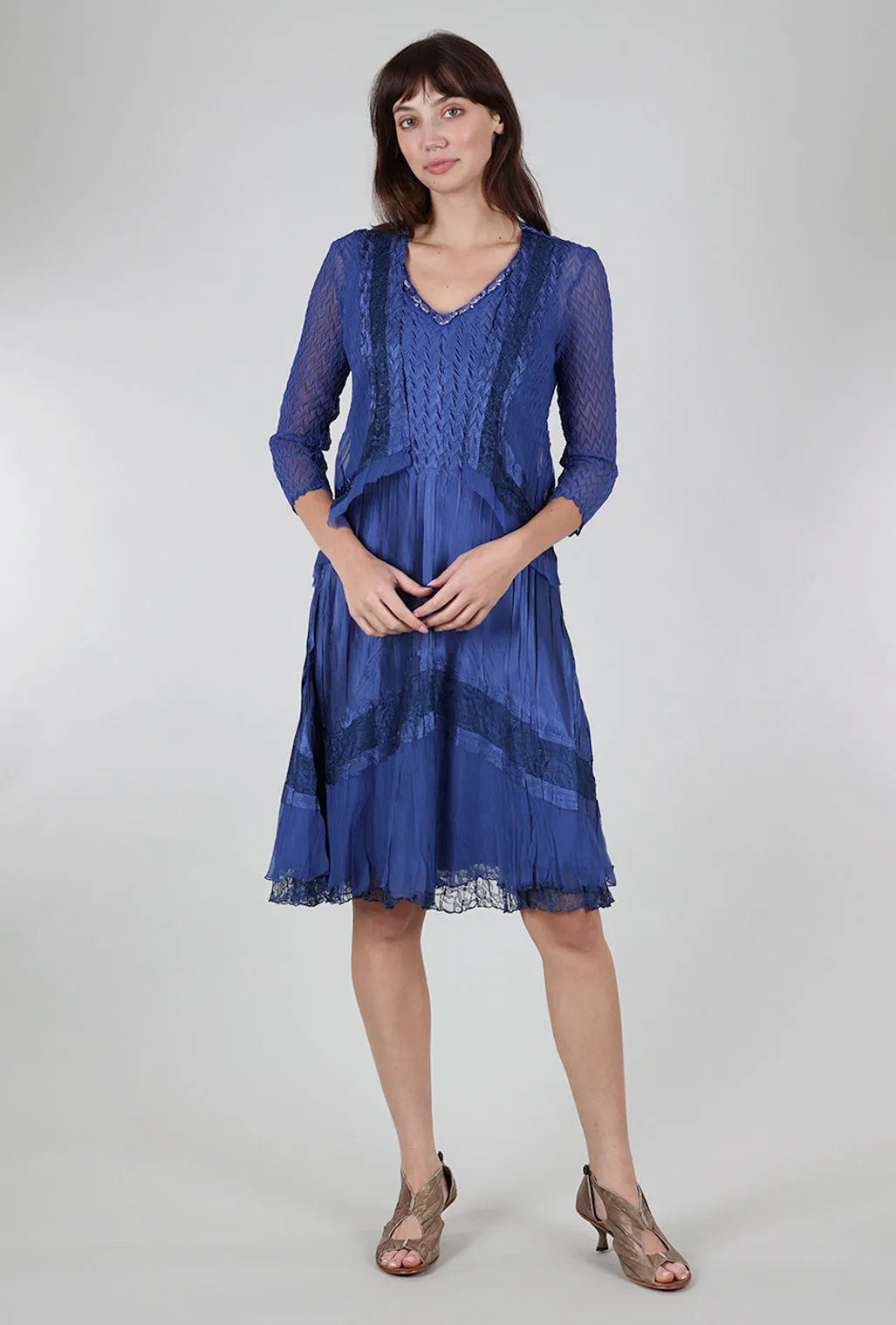 Beaded Neck Combo Dress, Navy Beige Hue