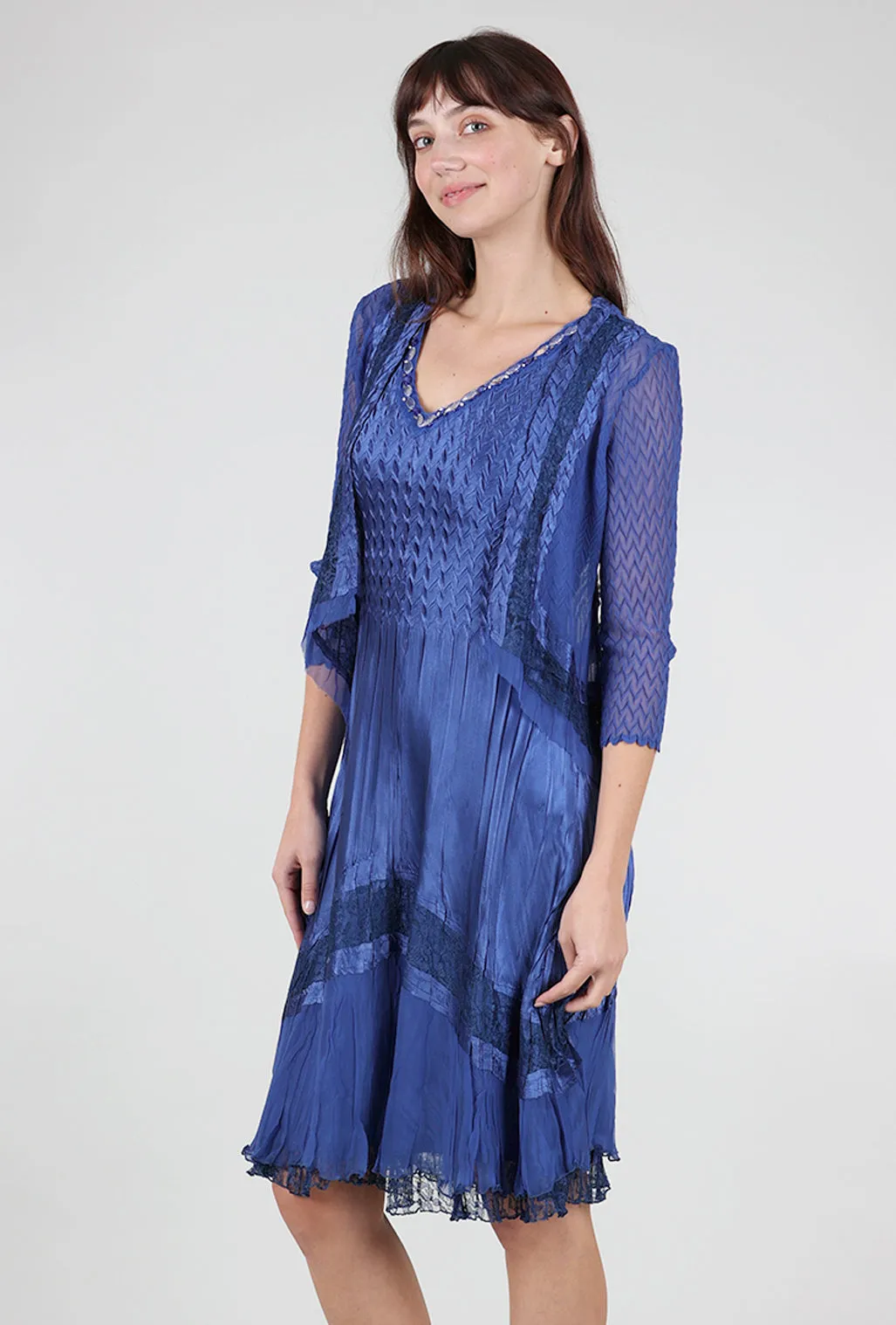 Beaded Neck Combo Dress, Navy Beige Hue