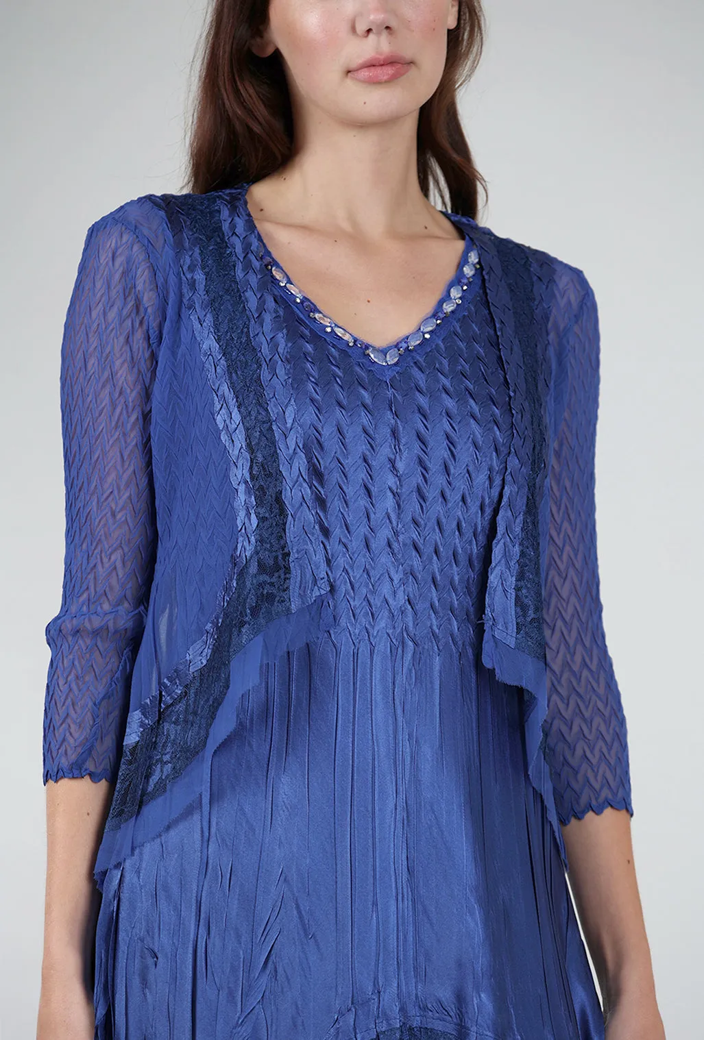 Beaded Neck Combo Dress, Navy Beige Hue