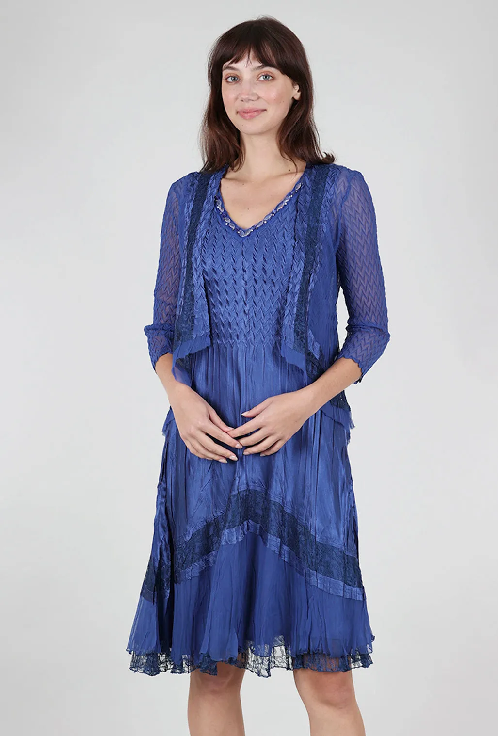 Beaded Neck Combo Dress, Navy Modern Layers