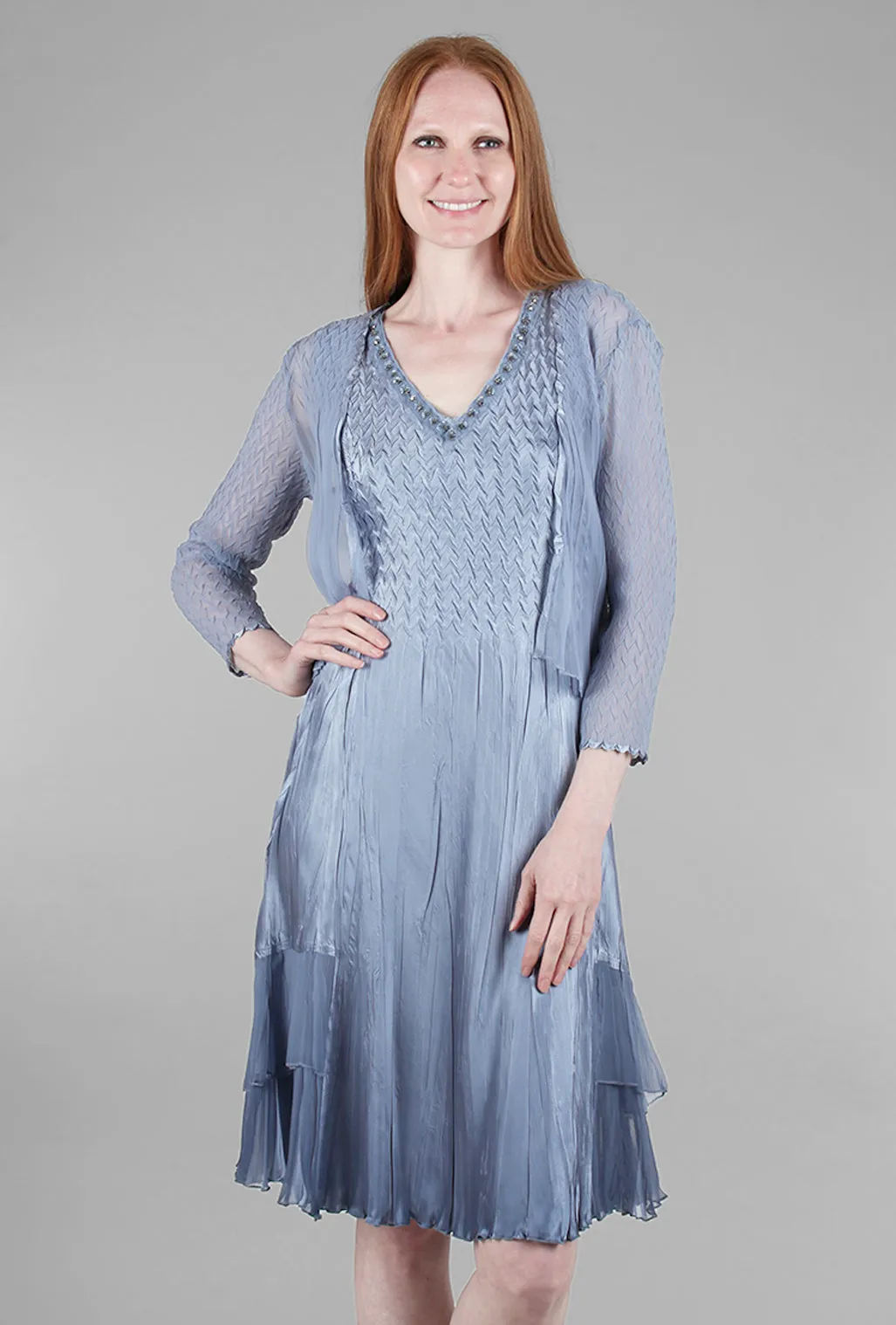 Summer Fashion Lounge Texture Beaded-Neck Detail Dress Set, Winter Blue Ombre