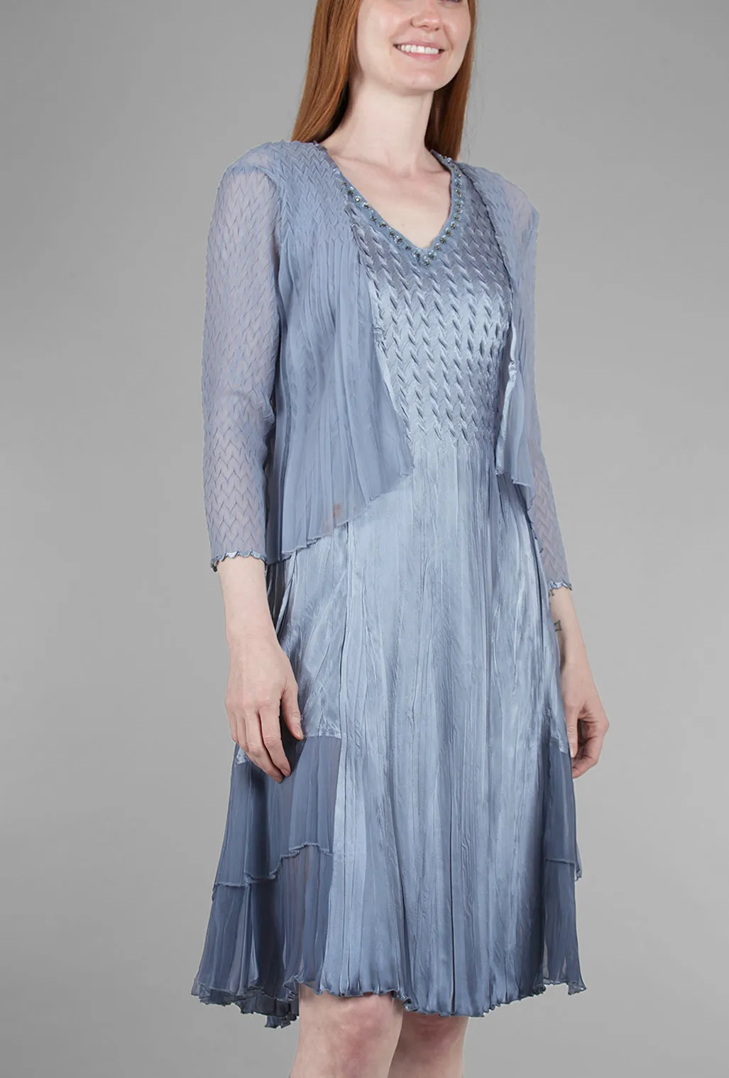 Beaded-Neck Detail Dress Set, Winter Blue Ombre Soft Fabric
