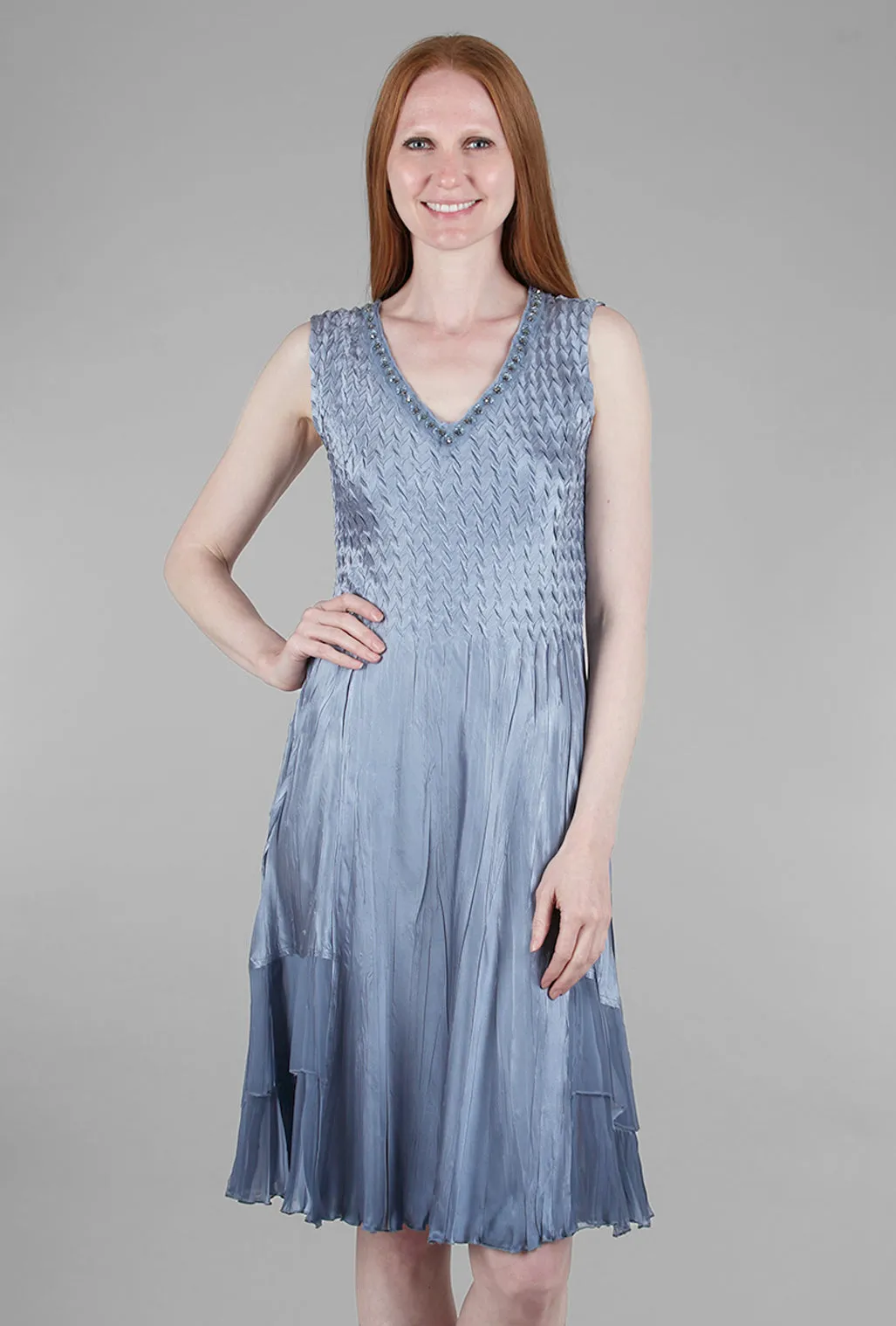 Beaded-Neck Detail Dress Set, Winter Blue Ombre Soft Fabric