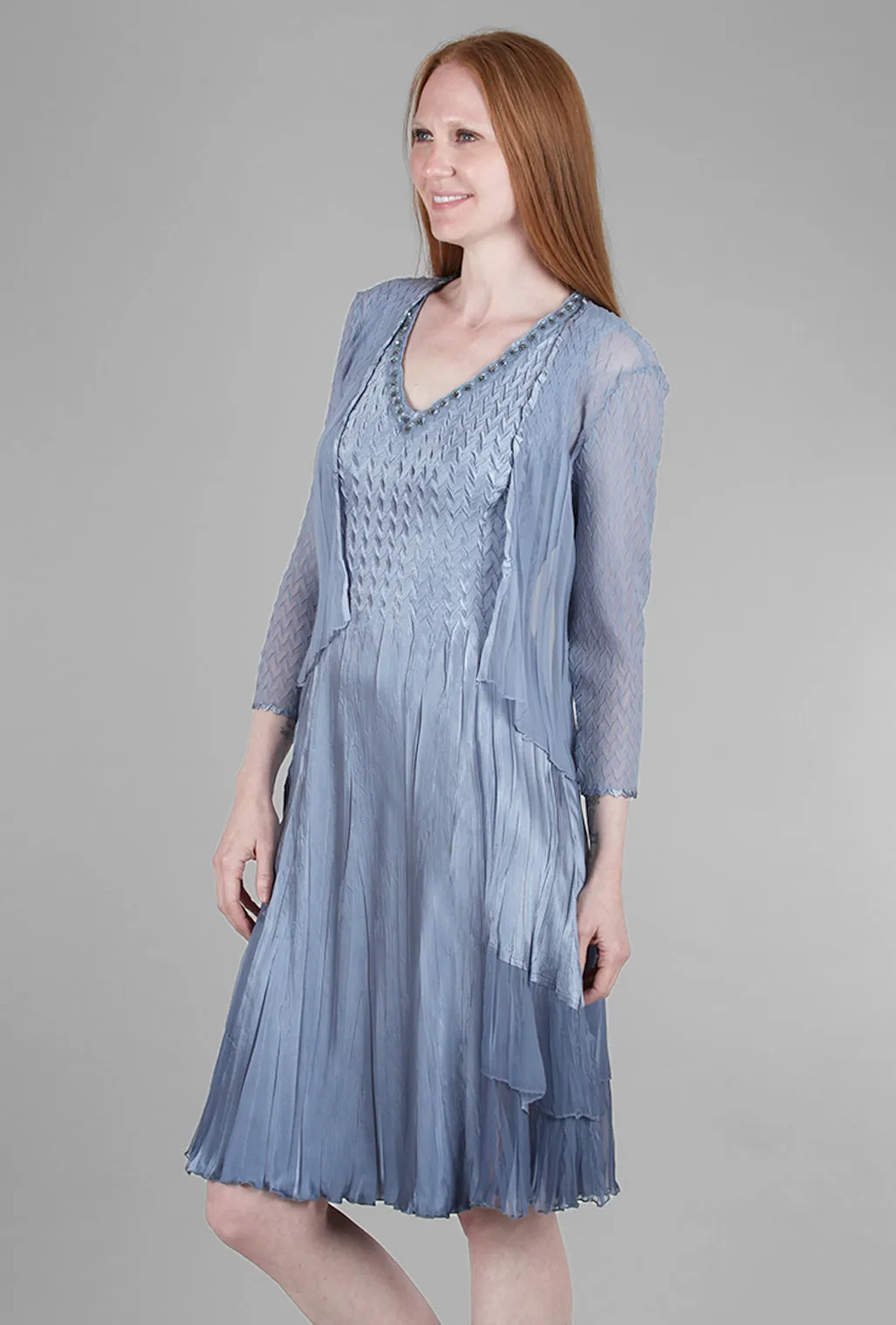 Beaded-Neck Detail Dress Set, Winter Blue Ombre Soft Fabric