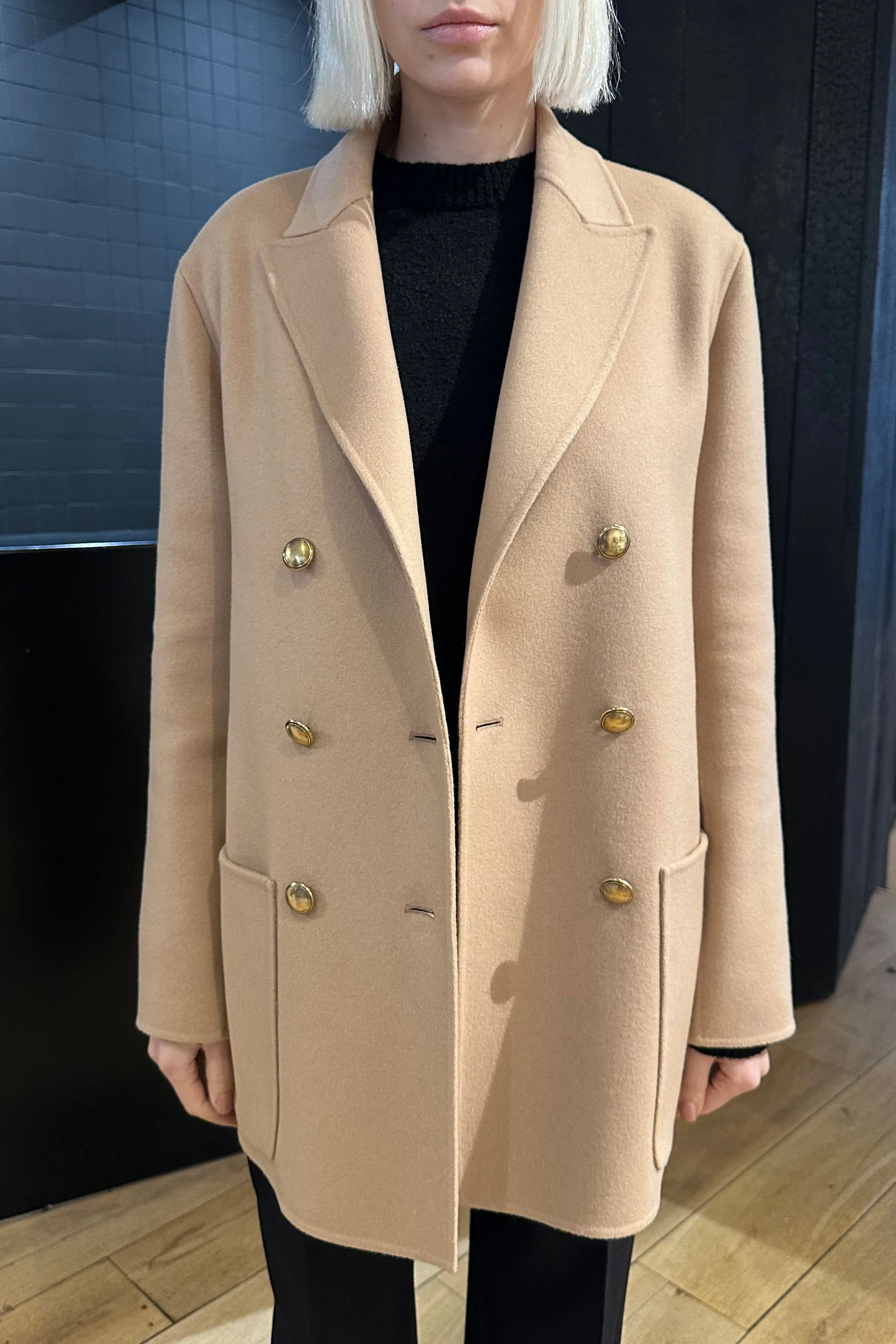 Beige Gold Button DB Coat Luxe Layers
