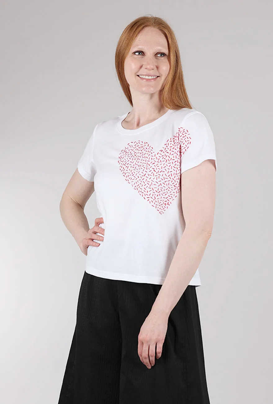 Big Heart Hand-Embroidered Tee, White Elastic waist