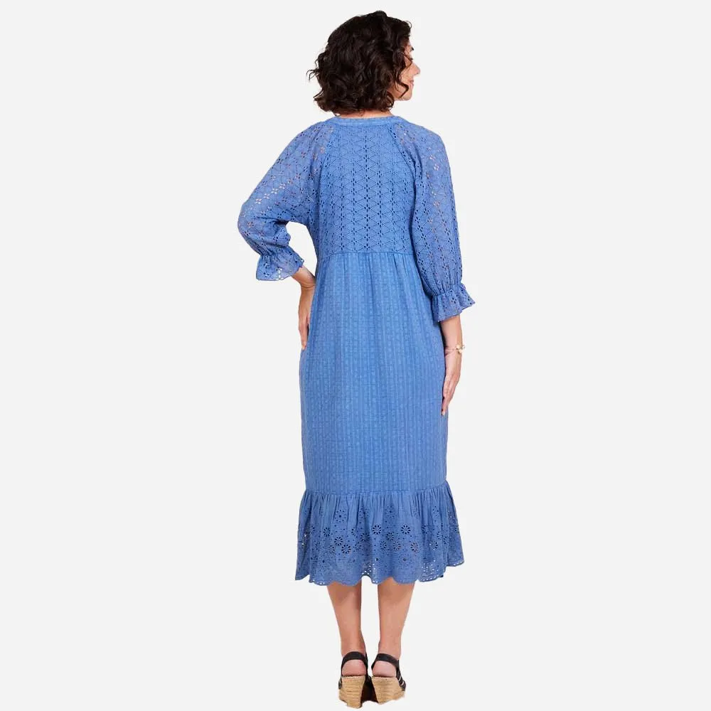 Blue Eyelet Long Tiered Dress Crepe Fabric