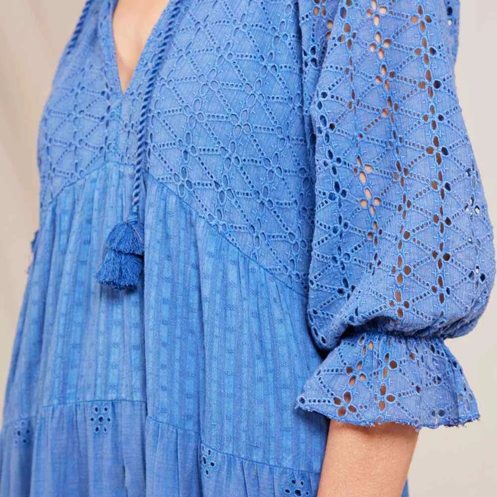 Blue Eyelet Long Tiered Dress Crepe Fabric