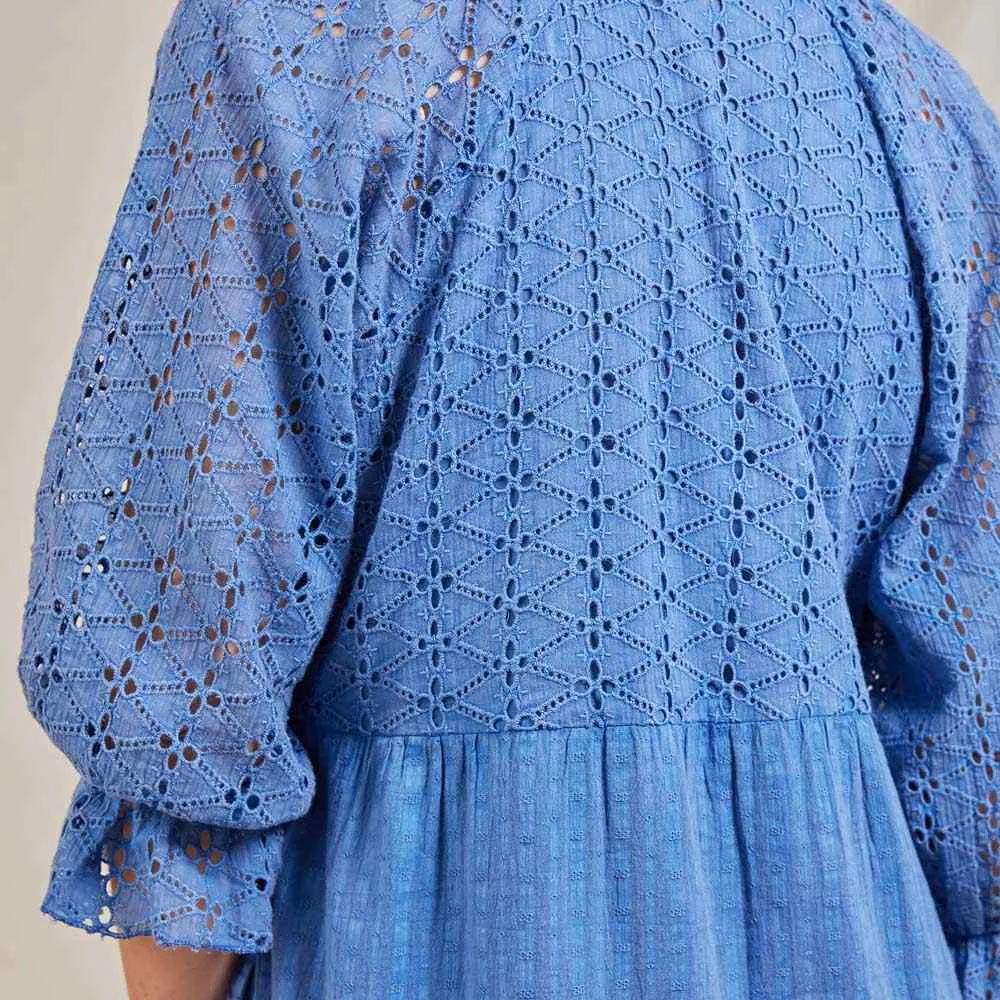 Blue Eyelet Long Tiered Dress Crepe Fabric