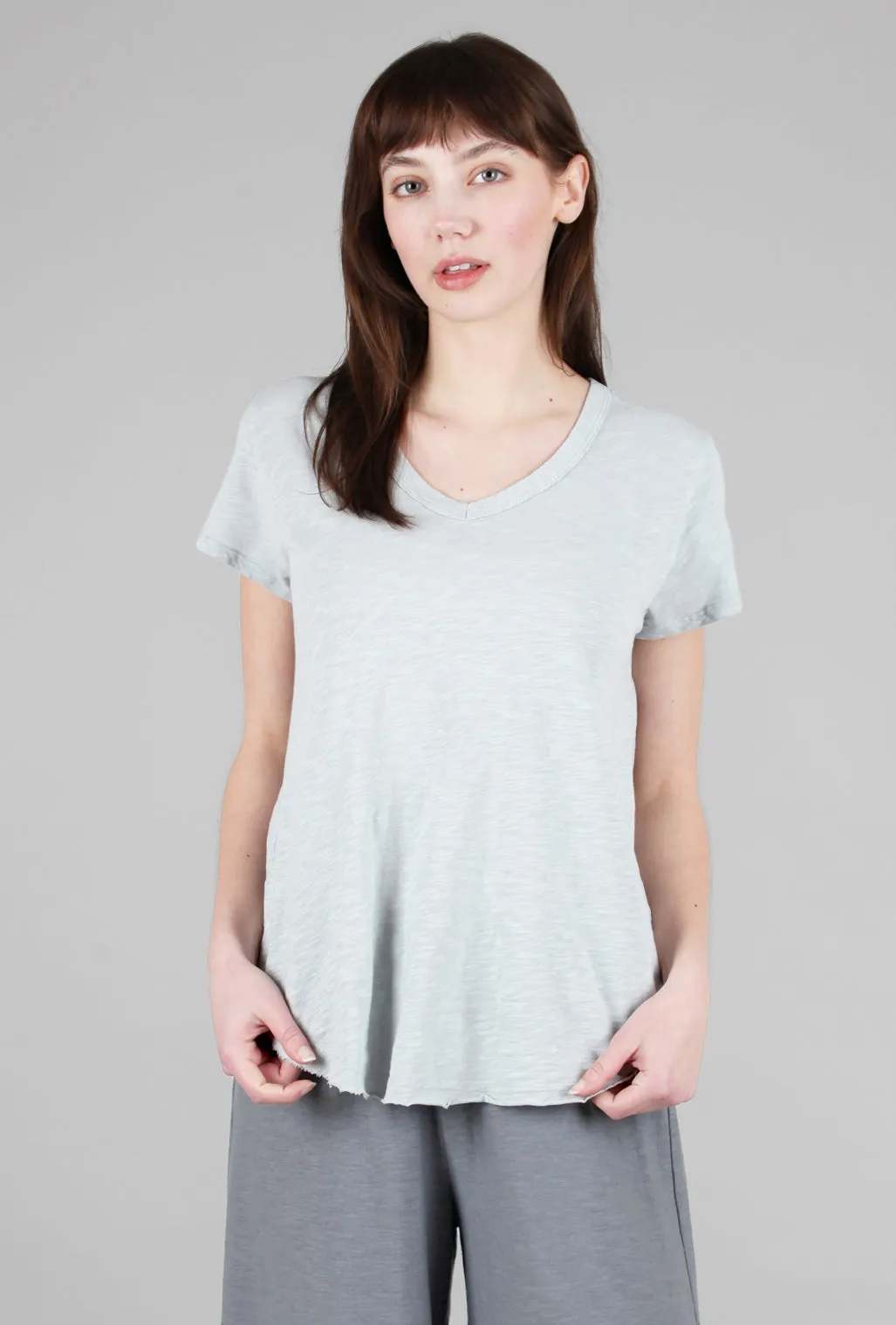 Cool Vibes Fun and Playful Curved Hem Vee Tee, Natural Gray
