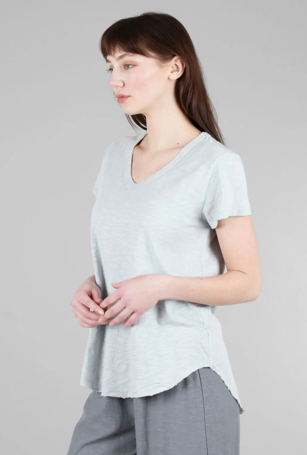 Bold Vibes Curved Hem Vee Tee, Natural Gray