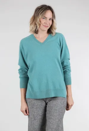 Comfortable wool blend Wool and cotton sweater Boyfriend Cashmere Vee Sweater, Malachite