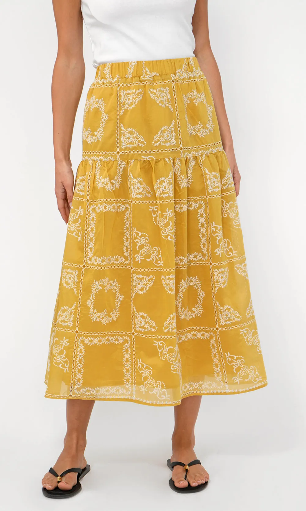 Breathable Waist Serena Embroidered Midi Skirt