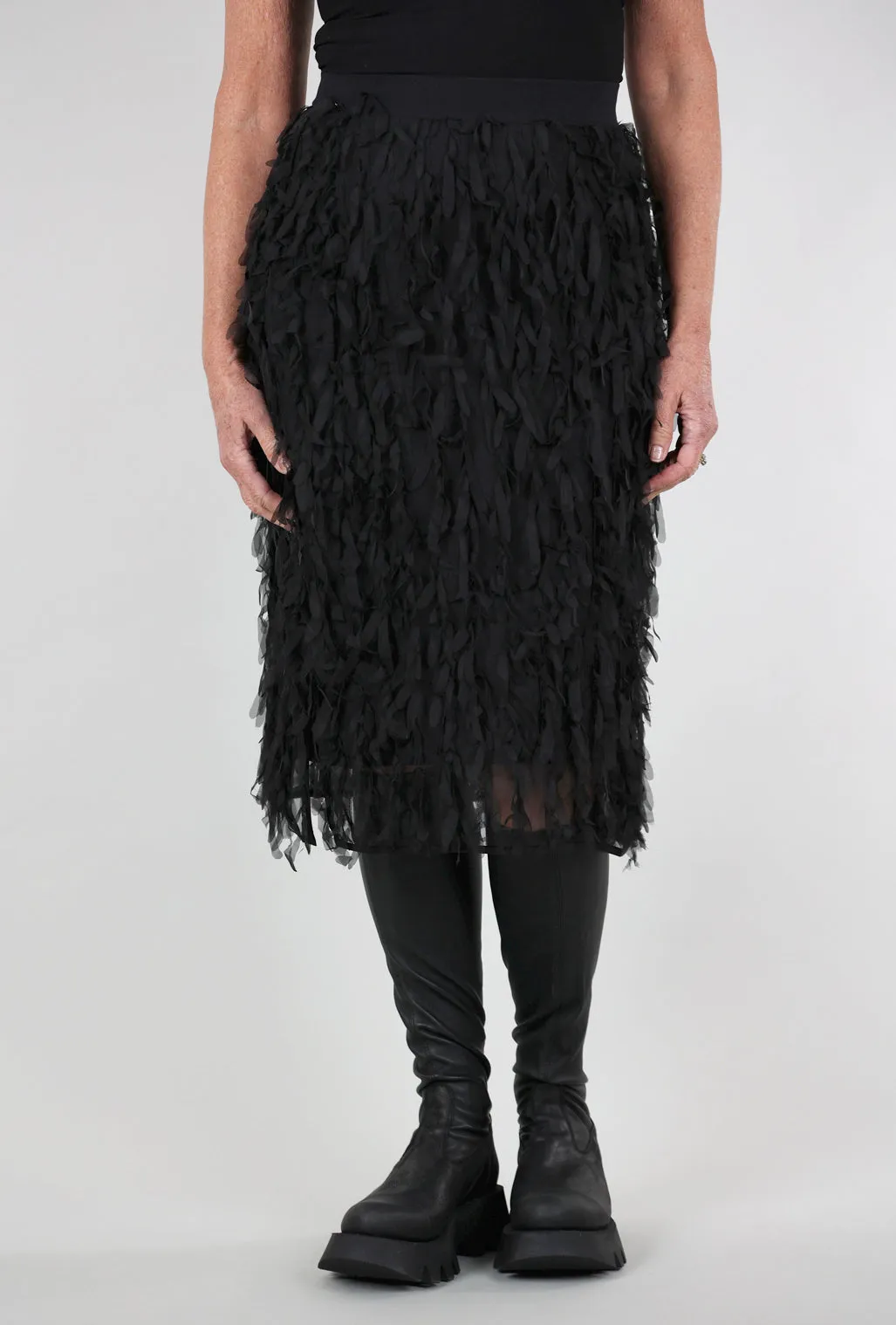 Chiffon Fringe Skirt, Black High-waisted fit Back pockets