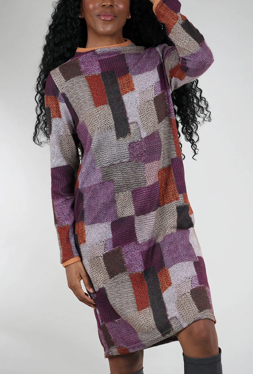 Brushed Contrast Trim Print Dress, Plum/Rust Fancy Wear