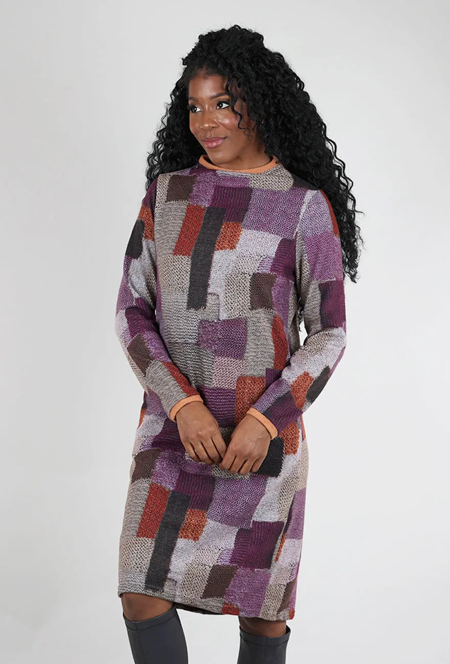 Brushed Contrast Trim Print Dress, Plum/Rust Fancy Wear