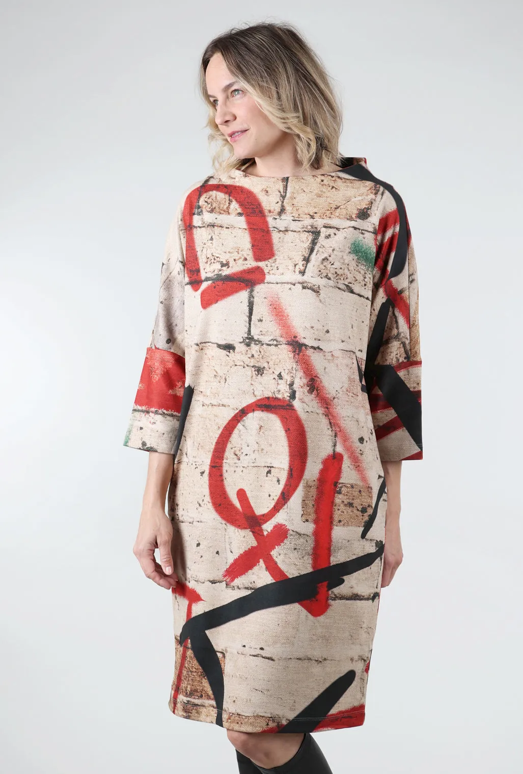 Brushed Graffiti Dress, Red Peter Pan Collar