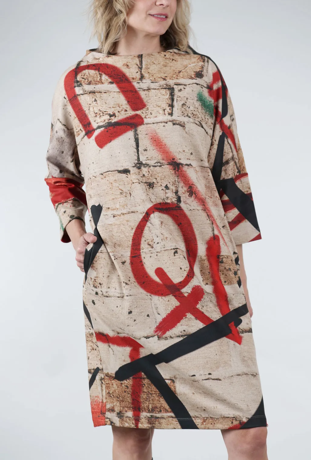 Brushed Graffiti Dress, Red Peter Pan Collar