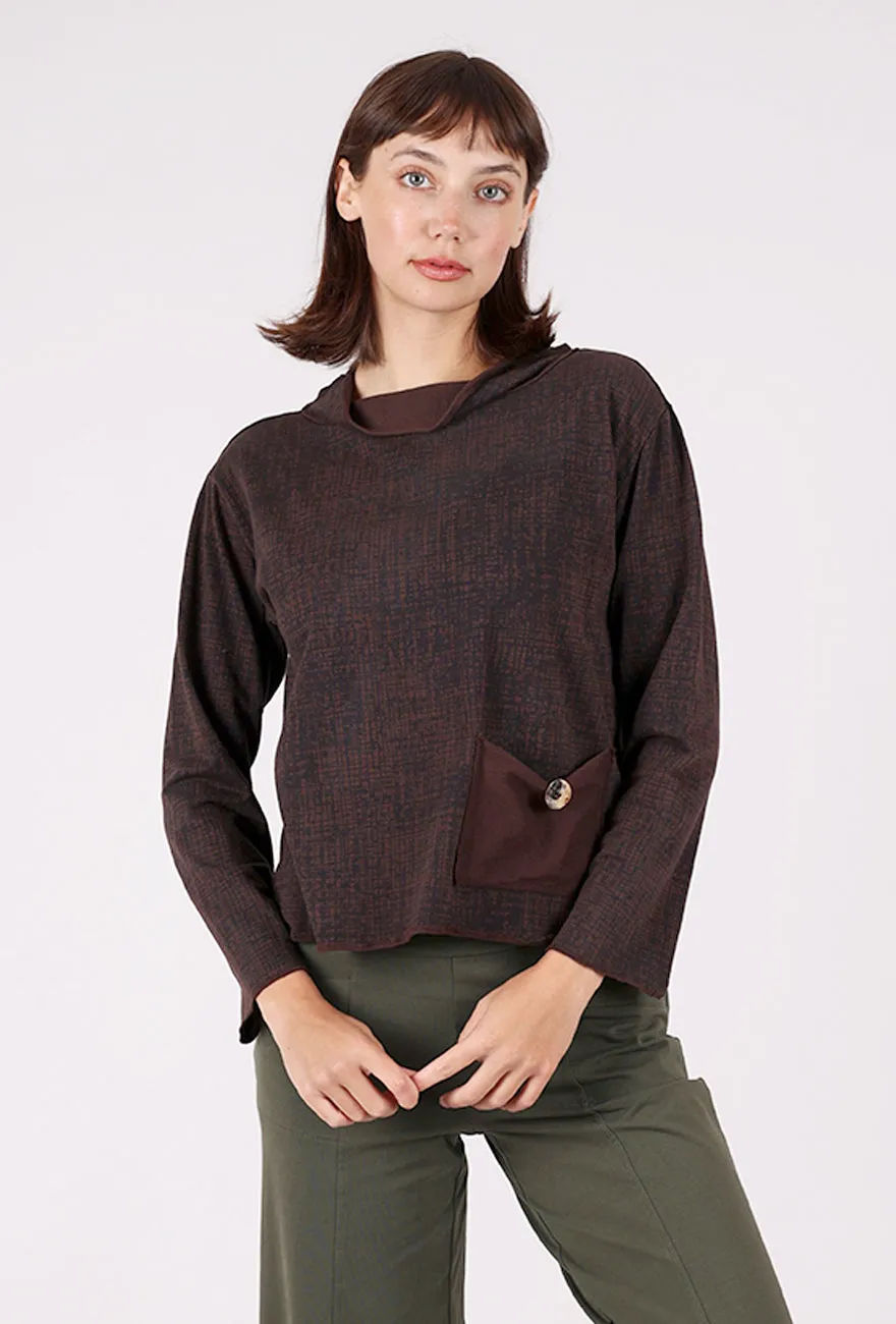career women embroidered decoration Button Detail Print Yoga Top, Dark Chocolate