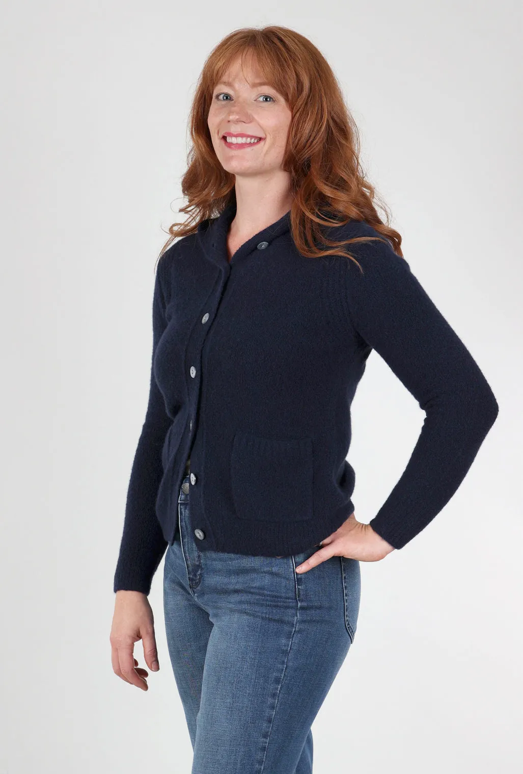 Cashmere Boucle Button-Down Hoodie, Navy Worry-Free