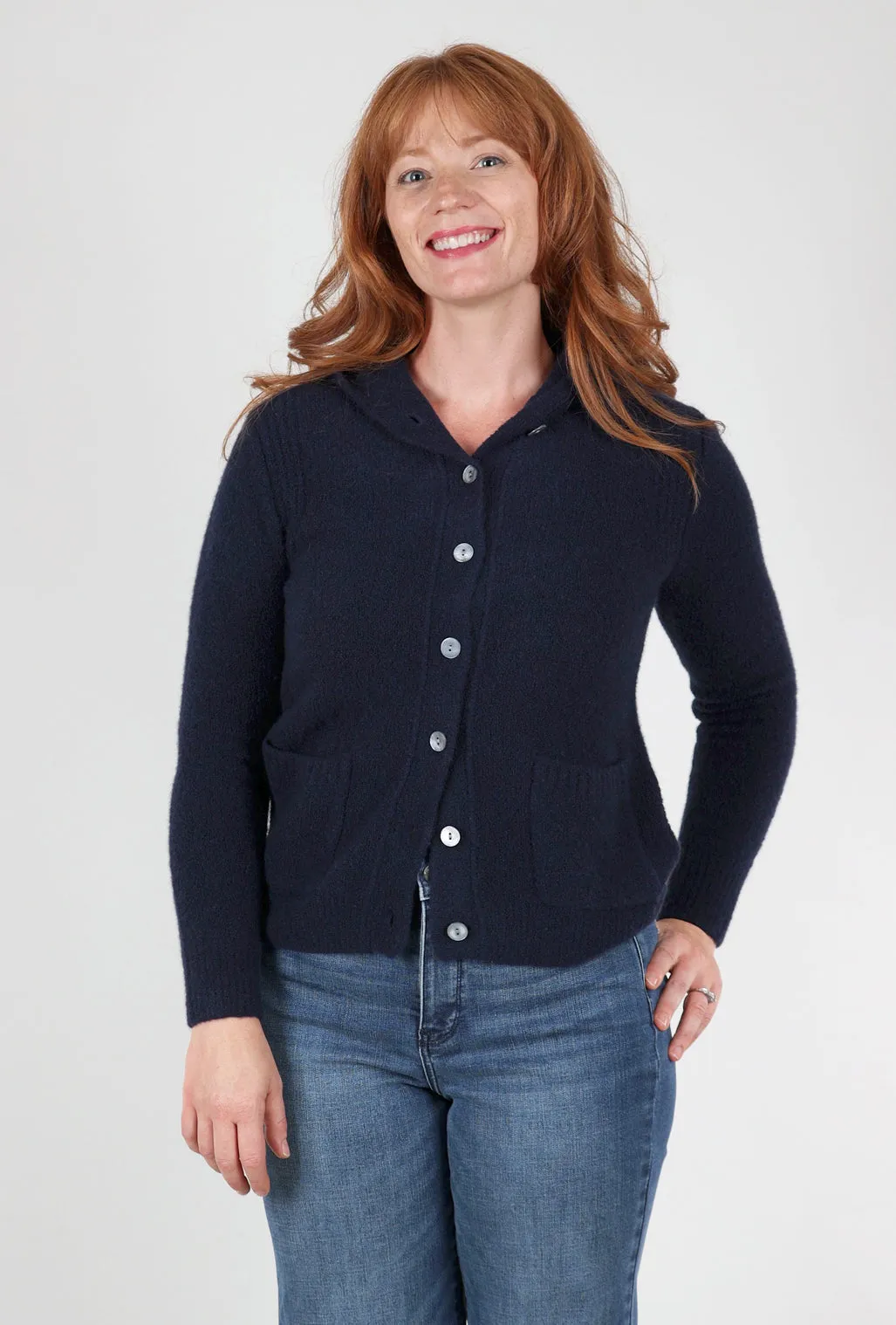 Cashmere Boucle Button-Down Hoodie, Navy Just Right