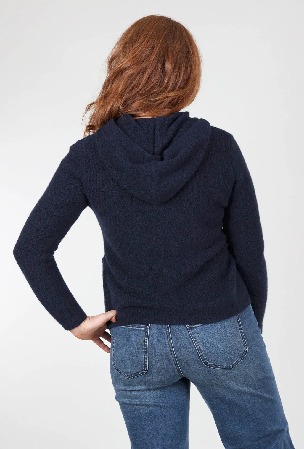 Cashmere Boucle Button-Down Hoodie, Navy Worry-Free