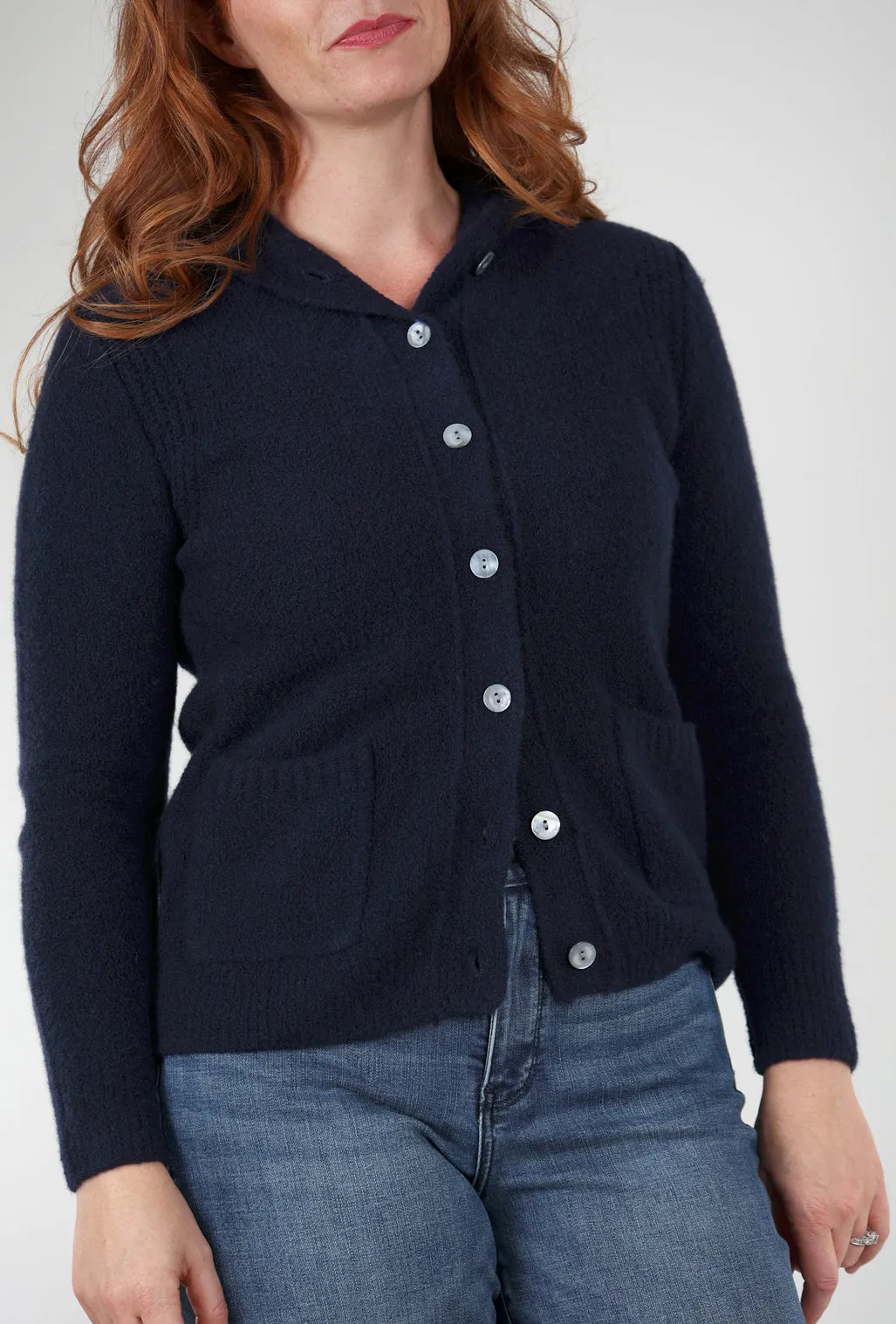 Cashmere Boucle Button-Down Hoodie, Navy Worry-Free
