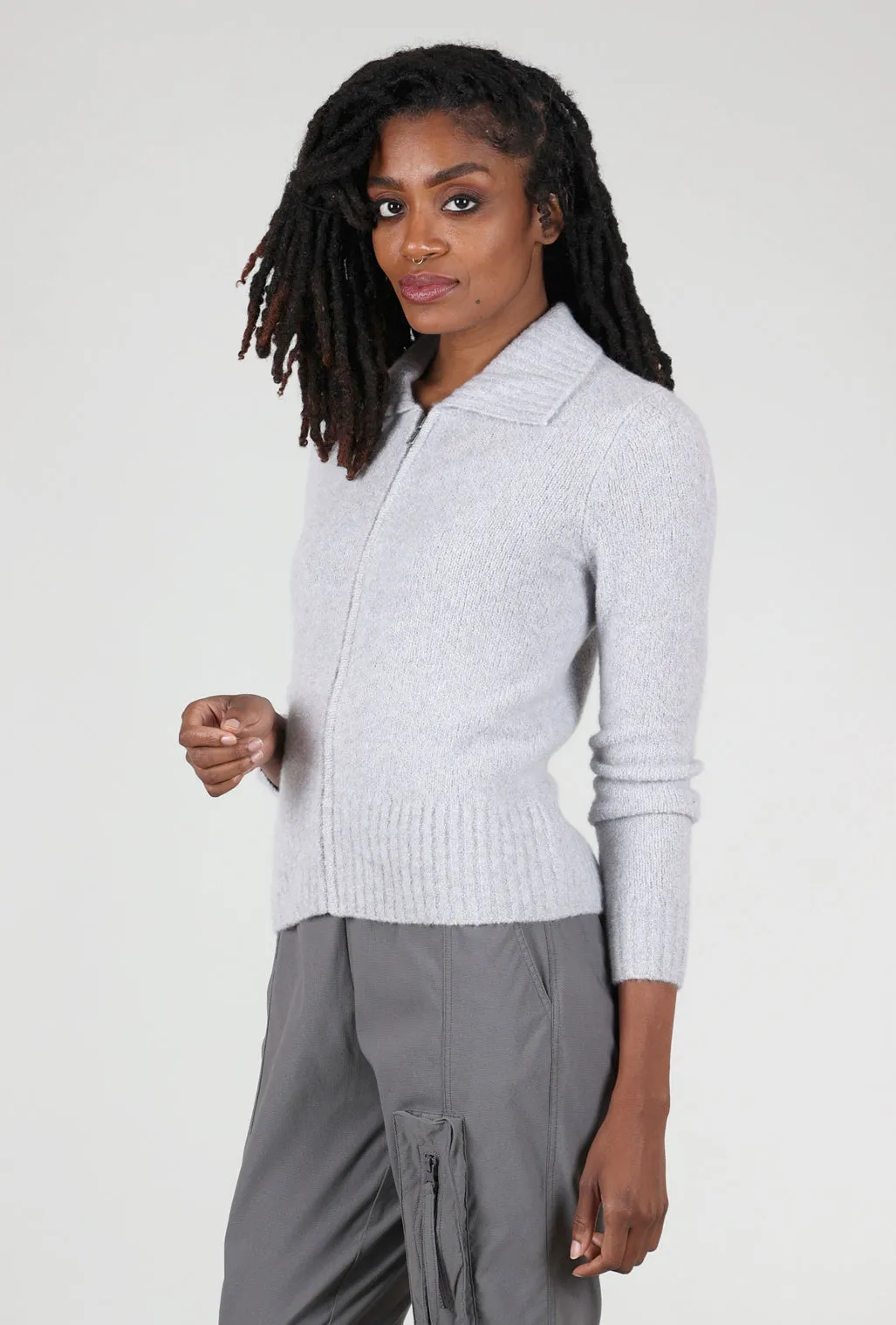 Cashmere Boucle Full-Zip Polo, Argento Gray Polished Look